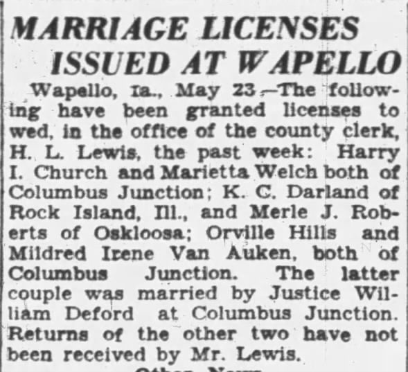 Marriage of Mildred VanAuken and Orville Hills